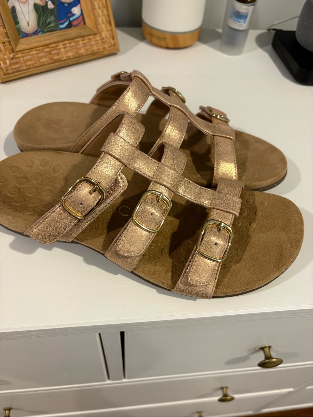 Vionic Metallic Rose Gold Triple-Strap Buckle Slide Sandals